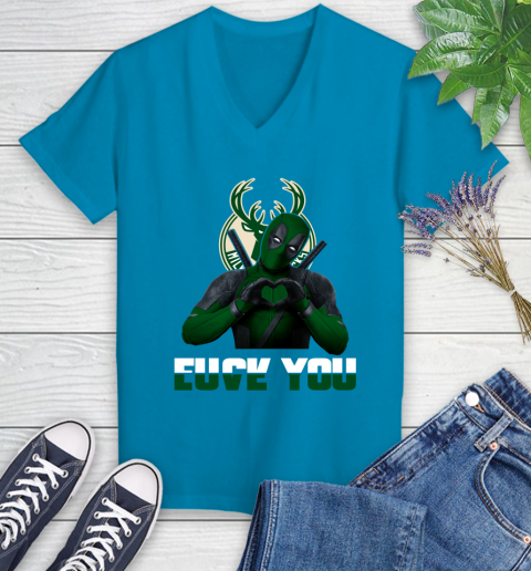 NBA Milwaukee Bucks Deadpool Love You Fuck You Basketball Sports Women's V-Neck T-Shirt 7