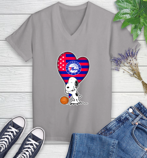 Philadelphia 76ers NBA Basketball The Peanuts Movie Adorable Snoopy Women's V-Neck T-Shirt 4