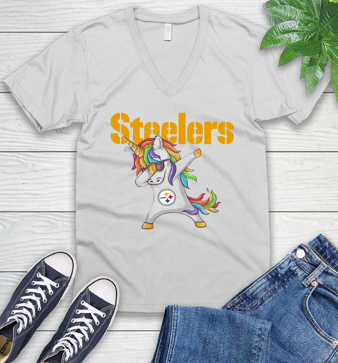 Pittsburgh Steelers NFL Football Funny Unicorn Dabbing Sports V-Neck T-Shirt
