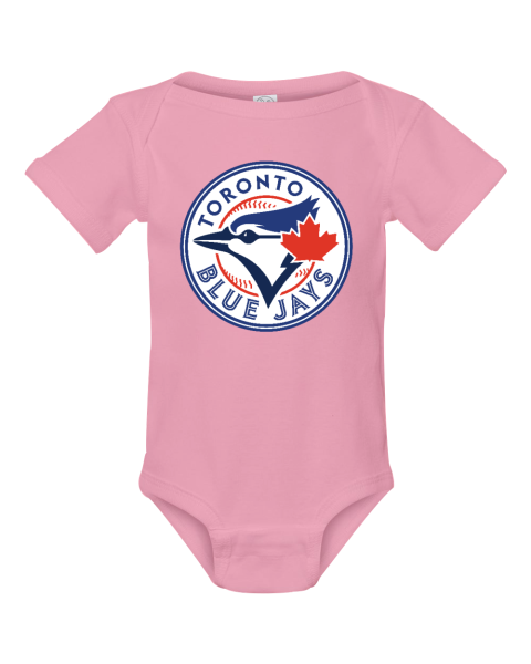0spl custom mlb toronto blue jays logo short sleeve baby infant rib bodysuit 4400 105 front pink