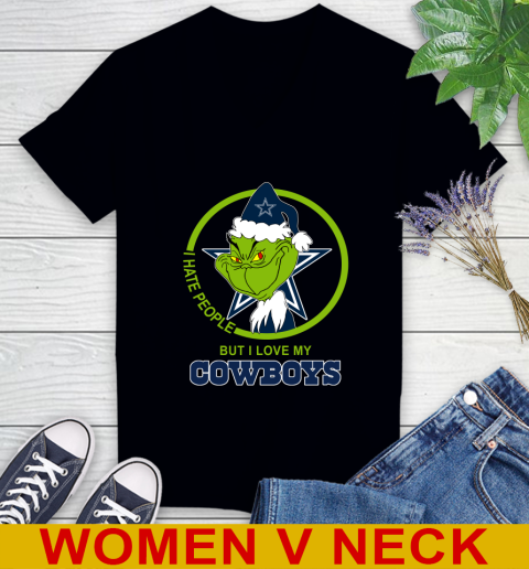 Dallas Cowboys NFL Christmas Grinch I Hate People But I Love My Favorite Football Team Women's V-Neck T-Shirt 2