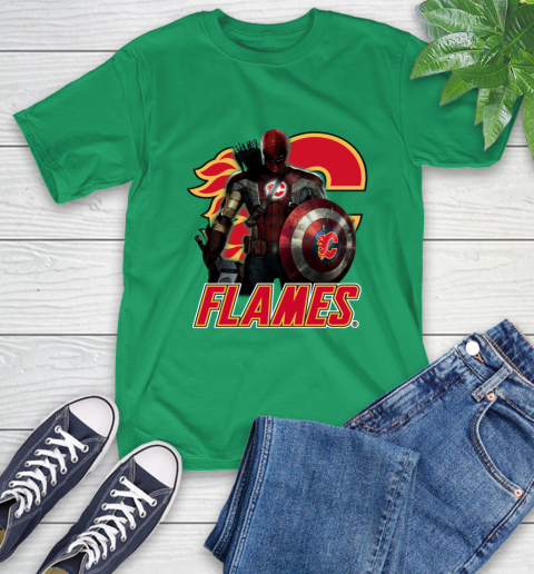 NHL Captain America Thor Spider Man Hawkeye Avengers Endgame Hockey Calgary Flames T-Shirt 7