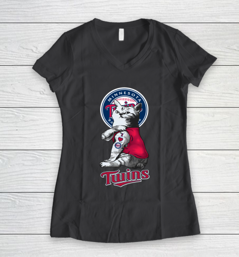 MLB Baseball My Cat Loves Minnesota Twins Women's V-Neck T-Shirt 6