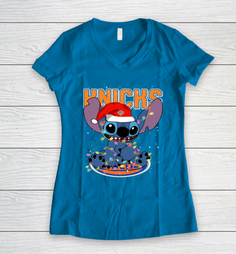 New York Knicks NBA noel stitch Basketball Christmas Women's V-Neck T-Shirt 4