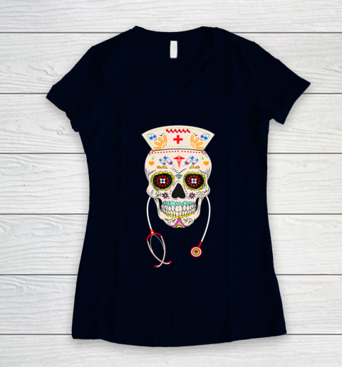 Nurse Sugar Skull Shirt Halloween Day Of The Dead Dia De Los Women's V-Neck T-Shirt 2