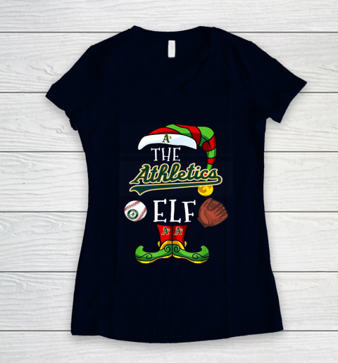 Oakland Athletics Christmas ELF Funny MLB Women's V-Neck T-Shirt 2