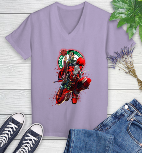 NBA Deadpool Marvel Comics Sports Basketball Boston Celtics Women's V-Neck T-Shirt 14