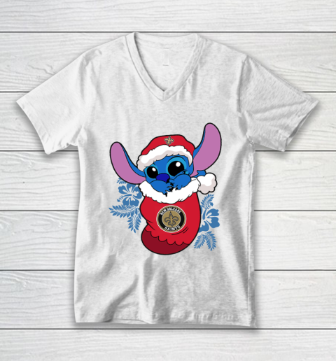 New Orleans Saints Christmas Stitch In The Sock Funny Disney NFL V-Neck T-Shirt 2