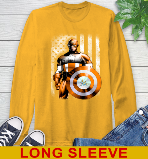 Miami Marlins MLB Baseball Captain America Marvel Avengers American Flag Shirt Long Sleeve T-Shirt 2