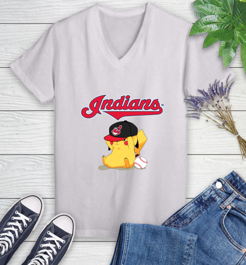 MLB Pikachu Baseball Sports Cleveland Indians Women's V-Neck T-Shirt
