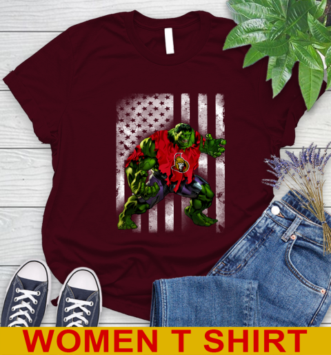 Ottawa Senators Hulk Marvel Avengers NHL Hockey American Flag Women's T-Shirt 6