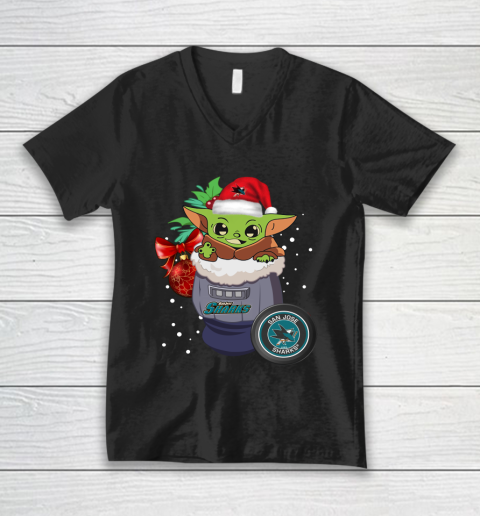 San Jose Sharks Christmas Baby Yoda Star Wars Funny Happy NHL V-Neck T-Shirt