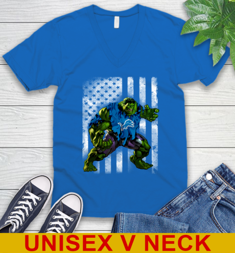 Detroit Lions Hulk Marvel Avengers NFL Football American Flag V-Neck T-Shirt 5