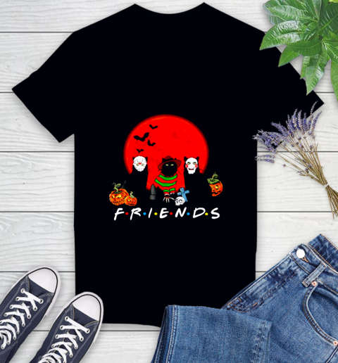 Halloween black cat mashup horror movies characters friends Women's V-Neck T-Shirt