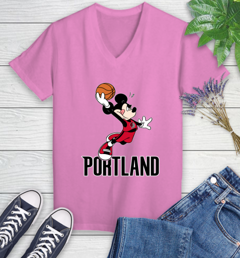 NBA Basketball Portland Trail Blazers Cheerful Mickey Mouse Shirt Women's V-Neck T-Shirt 12