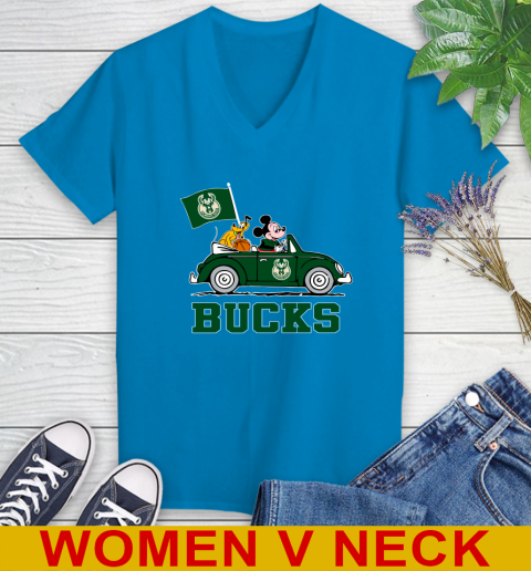 NBA Basketball Milwaukee Bucks Pluto Mickey Driving Disney Shirt Women's V-Neck T-Shirt 8