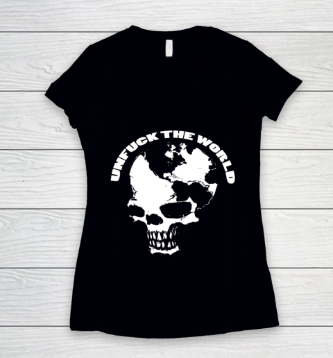 UnFuck The World Map Skull Women's V-Neck T-Shirt