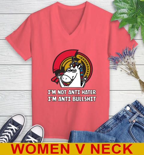 Ottawa Senators NHL Hockey Unicorn I'm Not Anti Hater I'm Anti Bullshit Women's V-Neck T-Shirt 7