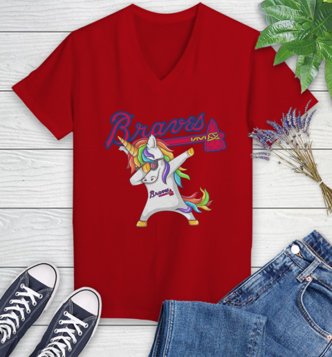 Atlanta Braves MLB Baseball Funny Unicorn Dabbing Sports Women's V-Neck T-Shirt 12