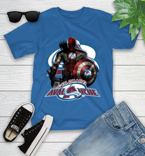 NHL Captain America Thor Spider Man Hawkeye Avengers Endgame Hockey Colorado Avalanche Youth T-Shirt 9