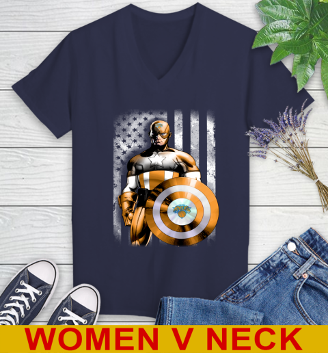 New York Knicks NBA Basketball Captain America Marvel Avengers American Flag Shirt Women's V-Neck T-Shirt 12