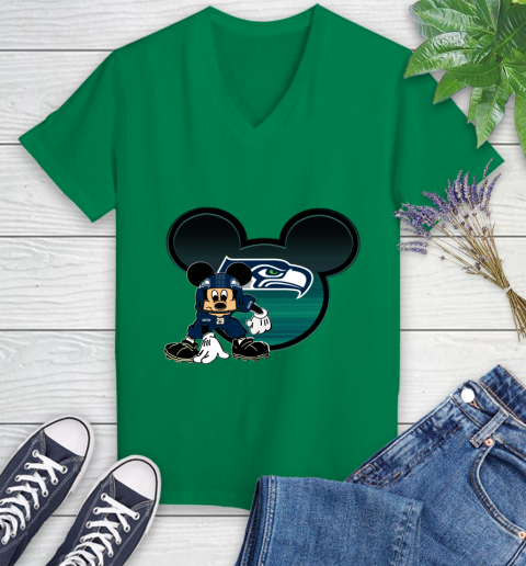 NFL Seattle Seahawks Mickey Mouse Disney Football T Shirt Women's V-Neck T-Shirt 5
