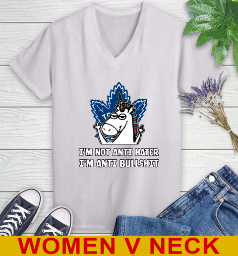 Toronto Maple Leafs NHL Hockey Unicorn I'm Not Anti Hater I'm Anti Bullshit Women's V-Neck T-Shirt
