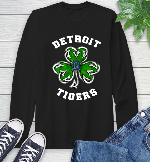 MLB Detroit Tigers Three Leaf Clover St Patrick's Day Baseball Sports Long Sleeve T-Shirt