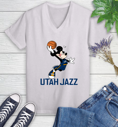 NBA Basketball Utah Jazz Cheerful Mickey Mouse Shirt Women's V-Neck T-Shirt 2