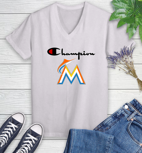 MLB Baseball Miami Marlins Champion Shirt Women's V-Neck T-Shirt