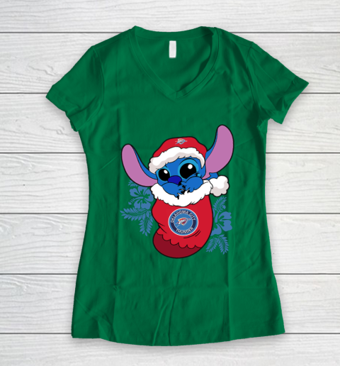 Oklahoma City Thunder Christmas Stitch In The Sock Funny Disney NBA Women's V-Neck T-Shirt 5