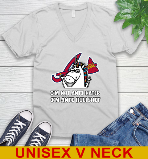 Atlanta Braves MLB Baseball Unicorn I'm Not Anti Hater I'm Anti Bullshit V-Neck T-Shirt
