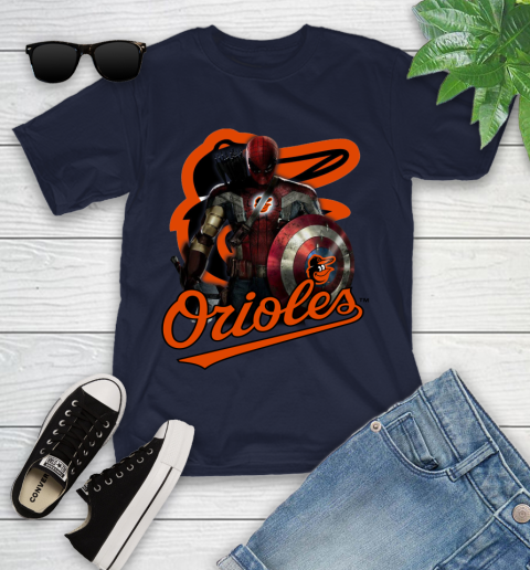 MLB Captain America Thor Spider Man Hawkeye Avengers Endgame Baseball Baltimore Orioles Youth T-Shirt 3