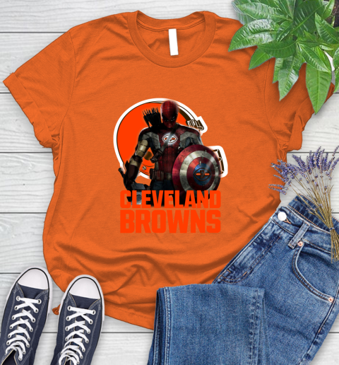 NFL Captain America Thor Spider Man Hawkeye Avengers Endgame Football Cleveland Browns Women's T-Shirt 4