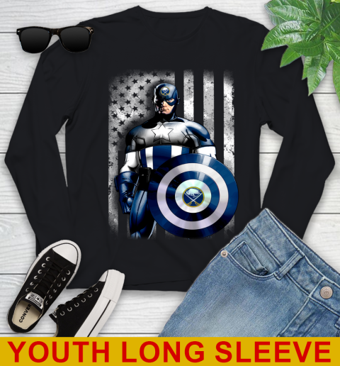 Buffalo Sabres NHL Hockey Captain America Marvel Avengers American Flag Shirt Youth Long Sleeve