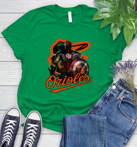 MLB Captain America Thor Spider Man Hawkeye Avengers Endgame Baseball Baltimore Orioles Women's T-Shirt 6