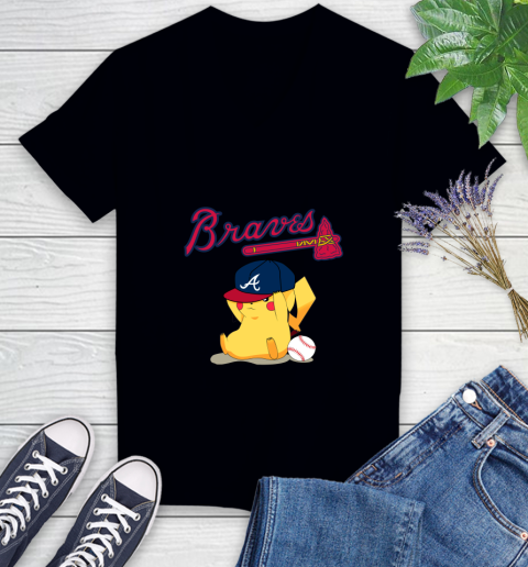 MLB Pikachu Baseball Sports Atlanta Braves Women's V-Neck T-Shirt 2