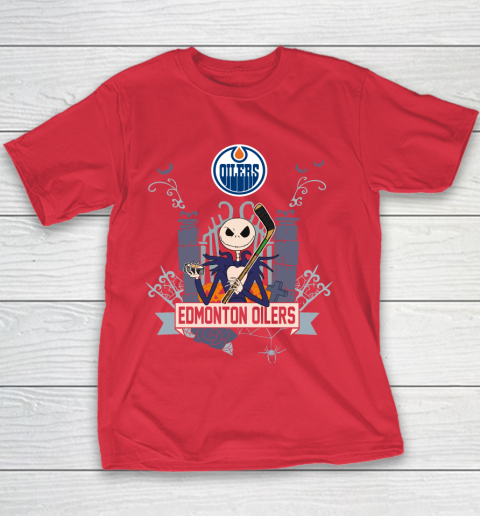 NHL Edmonton Oilers Hockey Jack Skellington Halloween Youth T-Shirt 7