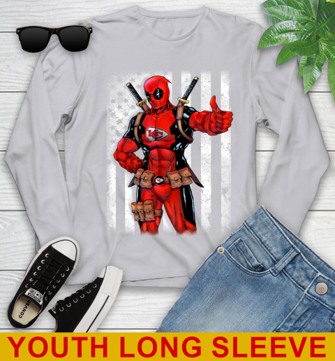 NFL Football Kansas City Chiefs Deadpool American Flag Shirt Youth Long Sleeve 5