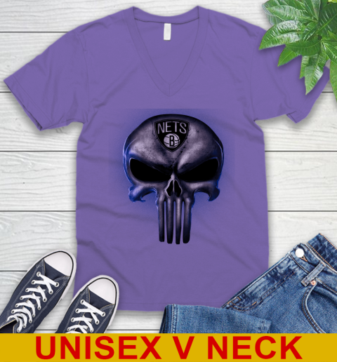 Brooklyn Nets NBA Basketball Punisher Skull Sports V-Neck T-Shirt 8