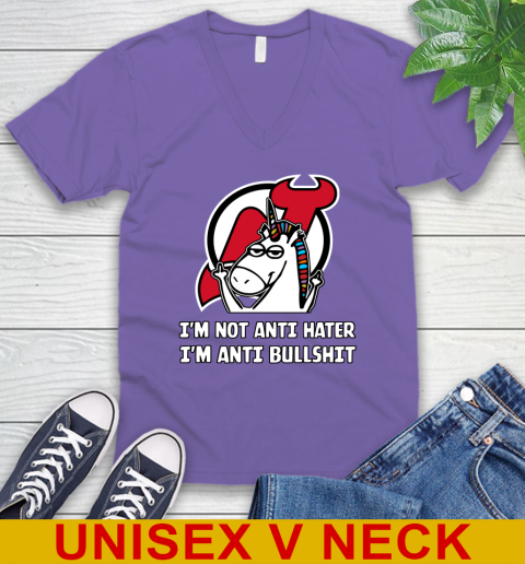 New Jersey Devils NHL Hockey Unicorn I'm Not Anti Hater I'm Anti Bullshit V-Neck T-Shirt 9