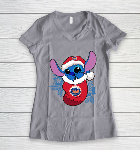 New York Mets Christmas Stitch In The Sock Funny Disney MLB Women's V-Neck T-Shirt 4