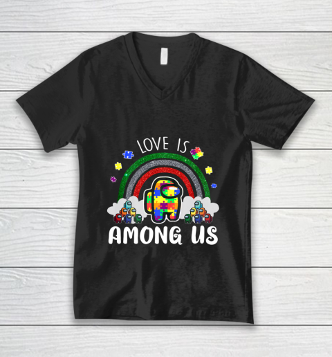Among Us Game Shirt Love Is Among With Us Autism Awareness For Game Lover V-Neck T-Shirt