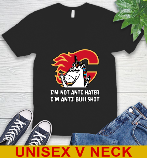 Calgary Flames NHL Hockey Unicorn I'm Not Anti Hater I'm Anti Bullshit V-Neck T-Shirt 2