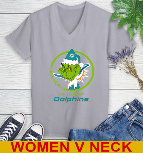 Miami Dolphins NFL Christmas Grinch I Hate People But I Love My Favorite Football Team Women's V-Neck T-Shirt 5