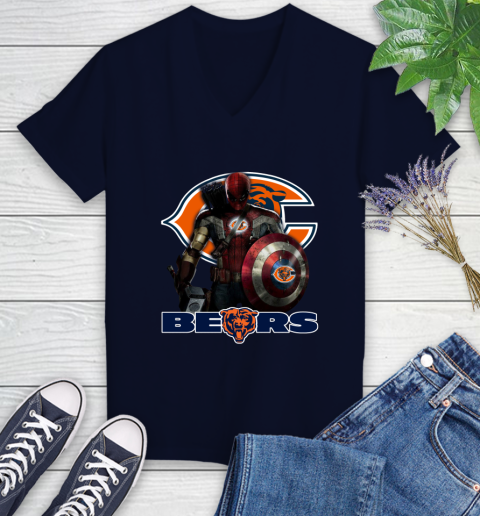 NFL Captain America Thor Spider Man Hawkeye Avengers Endgame Football Chicago Bears Women's V-Neck T-Shirt 3