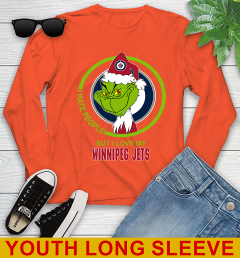 Winnipeg Jets NHL Christmas Grinch I Hate People But I Love My Favorite Hockey Team Youth Long Sleeve 4