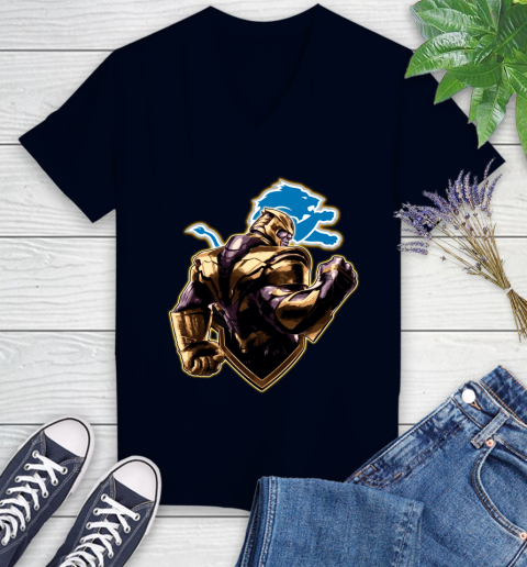 NFL Thanos Avengers Endgame Football Sports Detroit Lions Women's V-Neck T-Shirt 3
