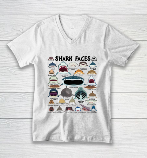 Types Of Shark Identification Shark Faces Shark Heart V-Neck T-Shirt