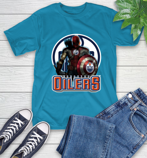 NHL Captain America Thor Spider Man Hawkeye Avengers Endgame Hockey Edmonton Oilers T-Shirt 8
